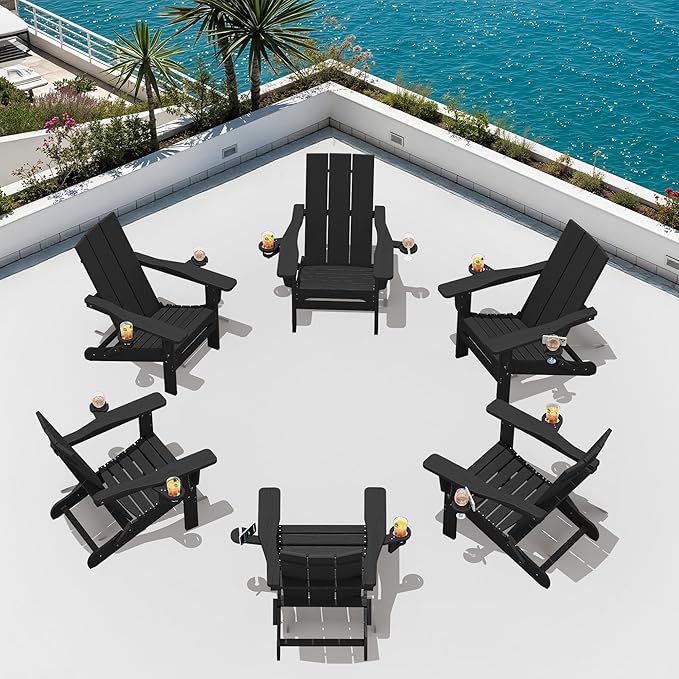 SERWALL Adirondack Chair with Dual Cup Holders, Folding Modern Adirondack Chair, HDPE Outdoor Fire Pit Chair for All Weather Using, Black