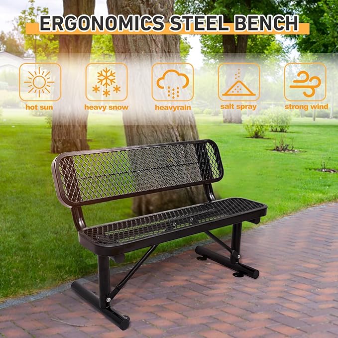4Ft Outdoor Bench with Back Portable Frame, Outdoor Steel Park Bench with Backrest, Expanded Metal Mesh Bench for Outside, Lawn, Backyard, Park, Deck, Garden, Patio, Porch, Black
