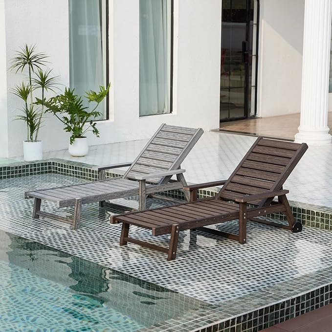 Patio Chaise Lounges Set of 4, HDPE Outdoor Lounge Chairs with Adjustable Backrest, Wheels, Armrest, All Weather Poly Lumber Recliner for, Poolside, Porch, 350lbs Weight Capacity (Grey)