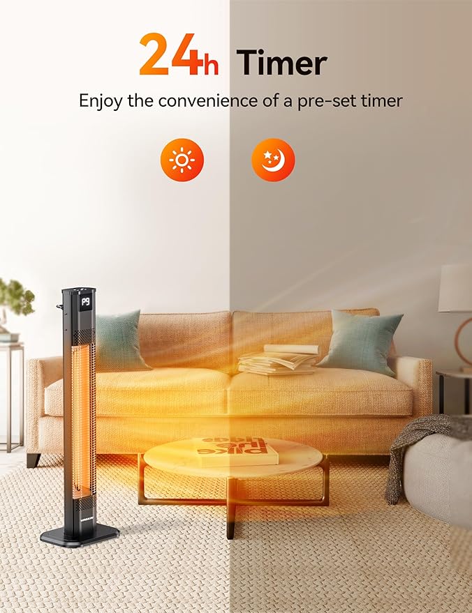 VAGKRI Outdoor Heaters, 1s Heating Carbon Infrared Patio Heaters With Remote, 9 Heat Levels, 24H Timer, IPX5 Waterproof, 42in Electric Space Heaters for Home, Office, Restaurant, Patio, and Garage