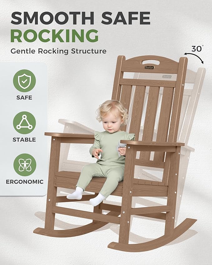 Oversized Outdoor Rocking Chair, High Back Porch Rocker Chair,HDPE All Weather Resistant RockingChairs for Patio, 380lbs Weight Capacity,Teak