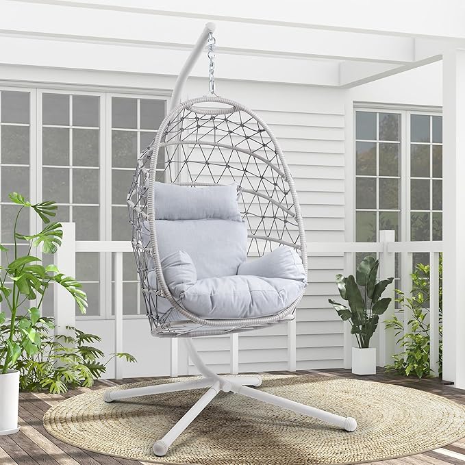 Hanging Egg Chair, Swing Chair with Stand, Hammock Chair IndoorPatio Boho Wicker 350lbs Capacity, Swing Chair for Bedroom Garden, Balcony, Beige &Gray