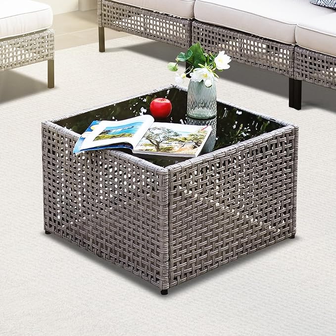 Outdoor PE Wicker Patio Coffee Table with Tempered Glass Top, Square Rattan Side Table for Modular Sectional Sofa, All-Weather Gray Table for Deck, Garden, Balcony