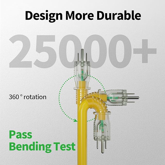 POWGRN 150 ft 12/3 Outdoor Extension Cord Waterproof Heavy Duty with Lighted Indicator End 12 Gauge 3 Prong, Flexible Cold-Resistant Long Power Cord Outside, 15Amp 1875W SJTW Yellow ETL Listed