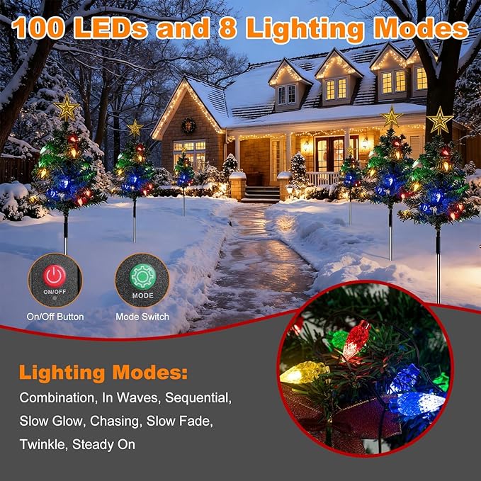 2-Pack Solar Christmas Tree, IP44 Waterproof Colorful Garden Stake Lights Christmas Decorations with 8 Lighting Modes 100 LED Beads for Porch, Pathway, Yard, Cemetery