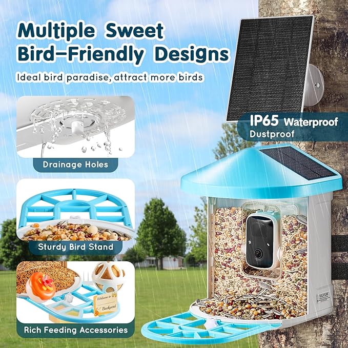 VEVOR Bird Feeder with Camera Solar Powered, Smart Bird Feeder with 3 Solar Panels, Wireless Video Birdfeeder with AI Identify, 2K Full HD, Auto Detect & Notify, Ideal Gift for Bird Lover