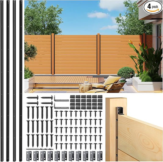 4pack 6FT (H: 68″) Matel Backyard Privacy Fence Panels Post Black, Install Fence Panels Post for Wood Slats Outdoor