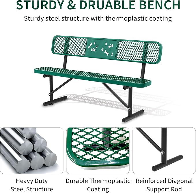 6 Feet Steel Park Bench for Outside, Outdoor Bench with Backrest & Portable Frame, Commercial Benches for Parks, School, Patio, Deck, Store,Green