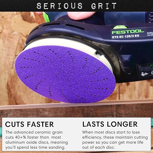 Serious Grit 5-Inch 600 Grit Ceramic Multi-Hole Hook & Loop Sanding Discs - Advanced Grain for Fast Cutting & Long Life - Film-Backed Universal Fit Sandpaper for 5-in Sanders - 50 Pack Box