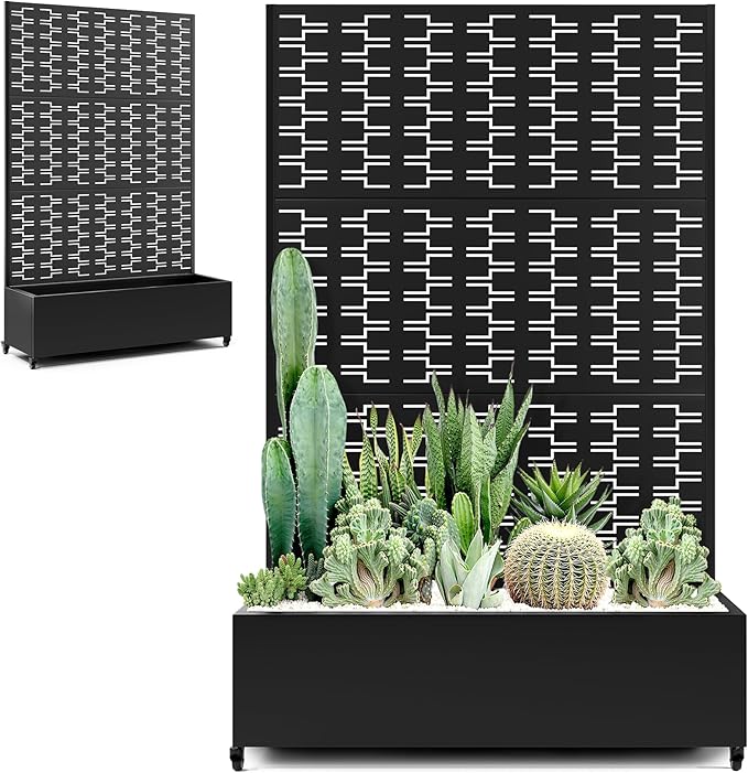 Metal Large Planter Box with Trellis, Raised Garden Beds with Privacy Screen & Wheels for Outdoor Plants, Planter Boxes with Drainage Holes (47" L×16" W×71" H, Black Rectangle)