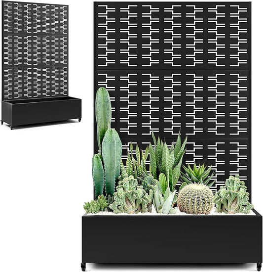 Metal Large Planter Box with Trellis, Raised Garden Beds with Privacy Screen & Wheels for Outdoor Plants, Planter Boxes with Drainage Holes (47" L×16" W×71" H, Black Rectangle)