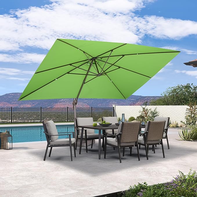 PURPLE LEAF 9' X 11.5' Rectangle Cantilever Umbrella Patio Umbrella Outdoor Aluminum Offset Hanging Umbrella with 360-degree Rotation for Pool Garden Backyard Deck, Green