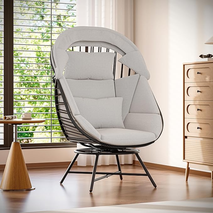 LAUSAINT HOME Oversized 360° Swivel Egg Chair with Cushion & Sunshade Brim, Indoor & Outdoor Egg Chair for Patio, Lounge, Balcony, Grey Cushion & Black Frame