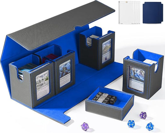 Card Deck Box for MTG with Commander Display, 5 in 1 Card Deck Case Holds 800+ Unsleeved Cards, Strong Magnet Organizer Compatible with Yugioh TCG Sports Cards (Black&Blue)