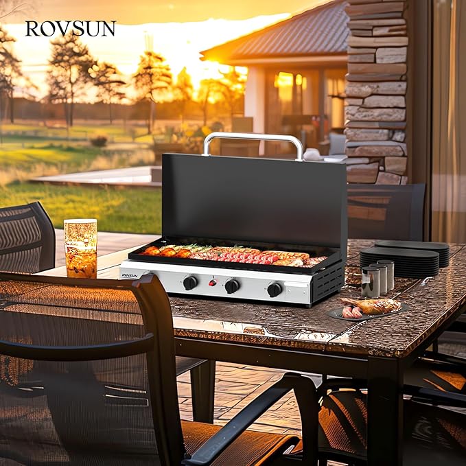 ROVSUN 4 Burner Portable Propane Griddle with Ignition & Regulator, 40,000 BTU Tabletop Flat Top Gas Grill with Enameled Tray & Lid for Outdoor Cooking Camping BBQ Tailgating Electronic