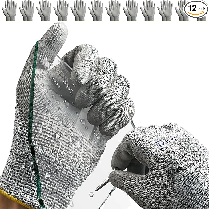 Dowellife 12 Pairs Level 5 Cut Resistant Work Gloves for Men and Women, PU Coated Breathable Gardening Gloves, Thin Flexible and Firm Grip for Mechanics and Fishing (Large, Grey)