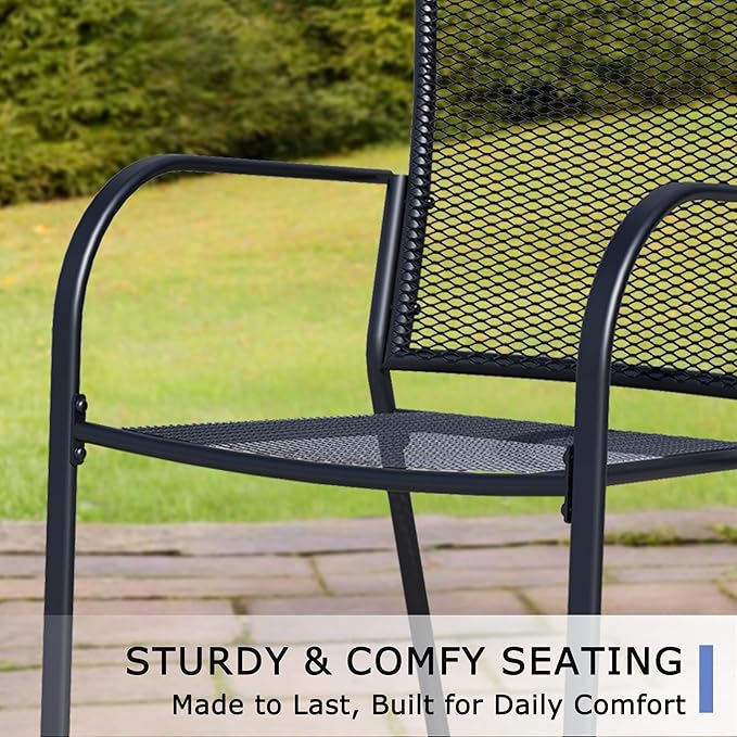 Outdoor Metal Patio Chairs Set of 4, Stackable Iron Mesh Dining Chairs with Armrests, All-Weather Bistro Chairs for Garden, Backyard, Porch, or Balcony