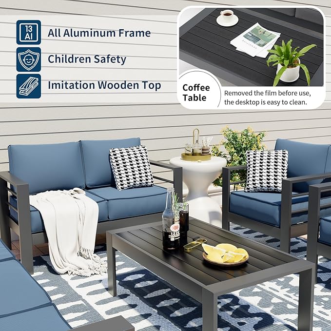 UDPATIO 8 Piece Aluminum Patio Furniture Set, Oversized Modern Outdoor Furniture Set with Olefin Fabric Cushion for Patio Deck Backyard, Dark Grey/Navy(with Waterproof Covers)