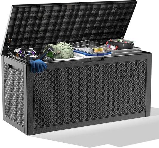 100 Gallon Large Deck Box,Resin Outdoor Storage Box with Lockable for Patio Furniture, Pool Accessories, Garden Tools Waterproof Outside Storage Box, Black Lozenge