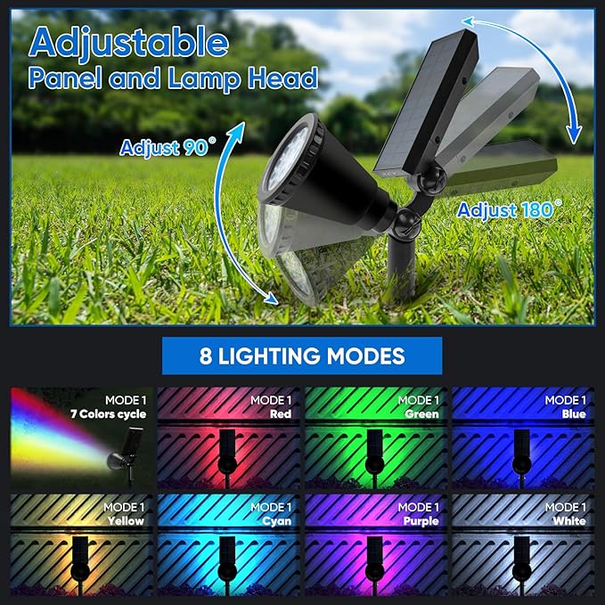 KEV Solar Spot Lights Outdoor,18 LEDs Solar Flood Lights with 8 Modes &Colored Adjustable &IPX65 Waterproof,Halloween Solar Spotlight for Driveway/Backyard/Landscape/Tree/Garage(Multicolor,4 Pack)