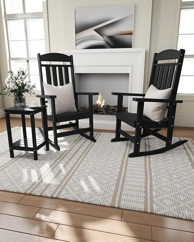 Outdoor Rocking Chairs Set of 4, Oversized High Back Patio Rocking Chairs, All Weather Porch Rocking Chairs for Outside. Black