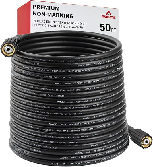 YAMATIC Pressure Washer Hose 50FT 1/4" M22 Brass Fitting Kink Resistant Power Washer Hose Replacement for Ryobi, Troy Bilt, Greenworks, CRAFTSMAN and more M22 Thread Pressure Washers, 3200 PSI