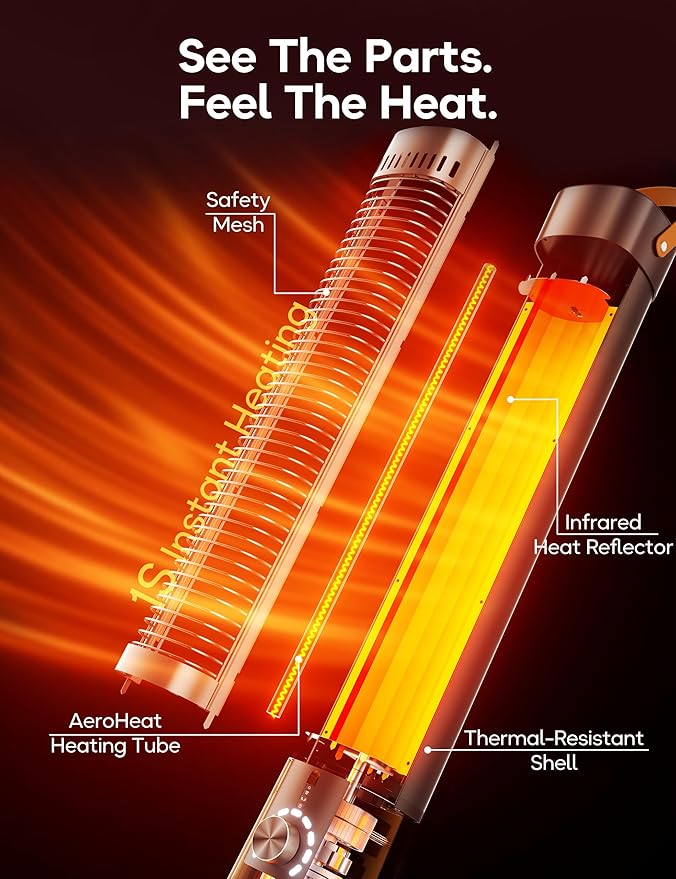 Outdoor Heater for Patio, 1500W Electric Infrared Heaters for porch garage indoor use, 9H Timer, 60° Oscillation & 9 Heat Level, Tip-Over/Overheating Protection, Safety Lock, Super Quiet, IPX5, Snowy