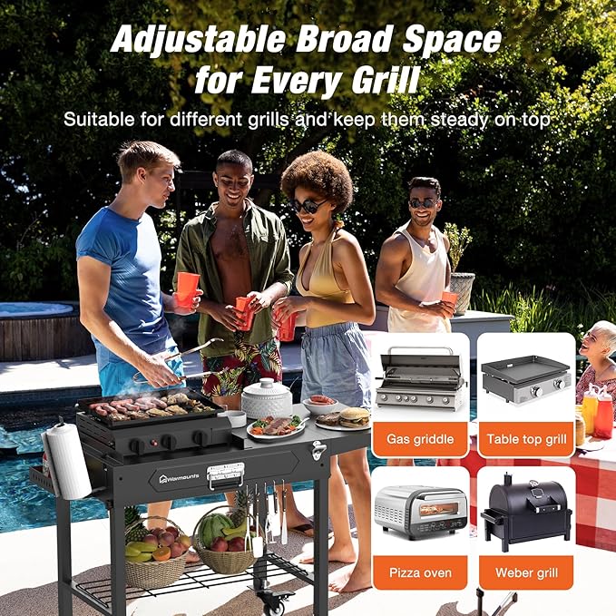 WARMOUNTS Foldable Grill Cart Outdoor with Wheels, Portable Outdoor Grill Table with Storage, Movable Stand Fits 17''/22'' Tabletop Grill, 400 Lbs Weight, for Camping, BBQ