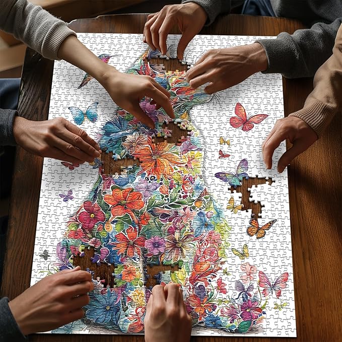 Cat Puzzles for Adults 1000 Pieces, Flower Puzzle Colorful Art Animal Kitten Hummingbird, Butterfly Garden Plant Floral Impossible Jigsaw Puzzle
