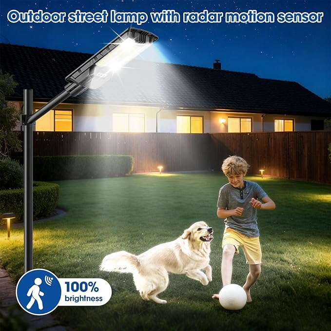 10000W Solar Street Light - 6500K Dusk to Dawn, IP65 Waterproof, Wide-Angle Motion Sensor + Remote Control for Courtyards/Parking Lots
