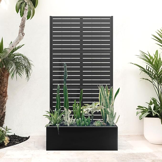 Metal Planter Box with Trellis for Climbing Plants Outdoor, Raised Garden Bed with Trellis, Privacy Screen for Patio (35" L×16" W×71" H, Black Blinds)