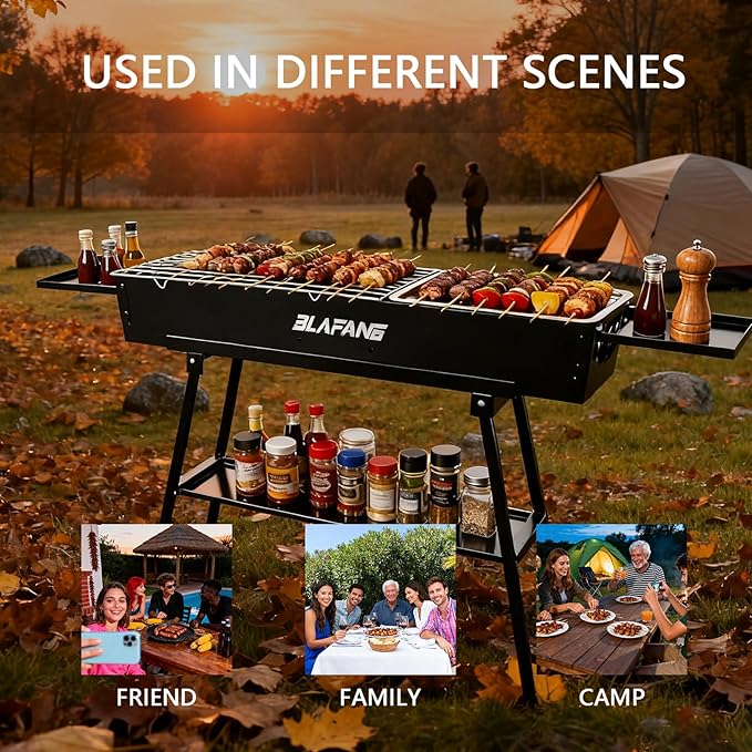Portable Charcoal Grills, Foldable Hibachi BBQ Grills with Sturdy Construction for Camping, Backyard, Picnic, Travel Outdoor Cooking (31.6x7.1x5.1 inch), Black
