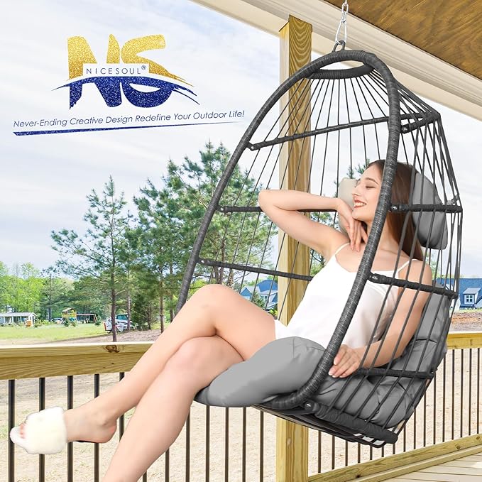 Nicesoul Hanging Egg Chair Outdoor Without Stand, Indoor Swing Egg Basket Ceiling Tree Chairs with Cushion, 350lbs Egg-Shaped Hammock Chair No Stand for Patio, Backyard, Balcony, Bedroom,Porch, Gray