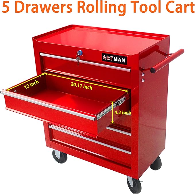 5 Large Drawers Rolling Tool Cart on Wheels, Trolley Organizer Tool Case Chest, Multifunctional Tool Storage Box for Workshop, Garage, Warehouse, Repair Shop(5 Drawers-29.3" H-Red)