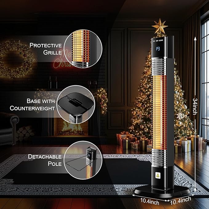 Patio Heater for Outdoor,1500W Electric Infrared Radiant Heaters with Remote for Garage Bedroom Backyard, Room Space Heater with 24H Timer,3 Heat Settings,Tip-over Protection for Indoor, 36"