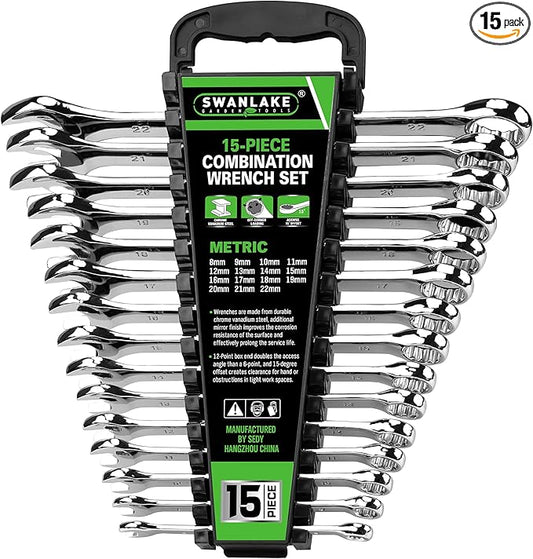 SWANLAKE GARDEN TOOLS 15-Piece Metric Wrench Sets, V Notch Premium Combination Wrench Set Metric 8-22mm, Max Torque, 12-Point, Chrome Vanadium Steel, with Storage Rack