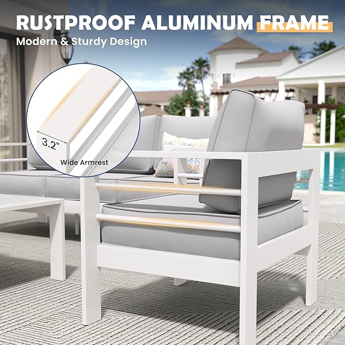 Amopatio Aluminum Patio Furniture Set, 10 Pieces Modern Patio Conversation Sets, Outdoor Sectional Metal Sofa with Coffee Table for Balcony, Garden, White (Included Waterproof Covers)
