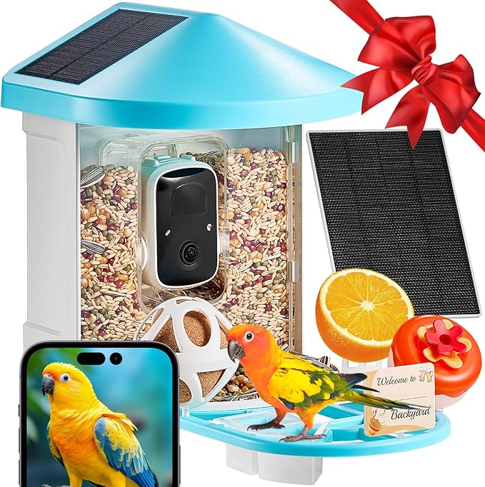 VEVOR Bird Feeder with Camera Solar Powered, Smart Bird Feeder with 3 Solar Panels, Wireless Video Birdfeeder with AI Identify, 2K Full HD, Auto Detect & Notify, Ideal Gift for Bird Lover