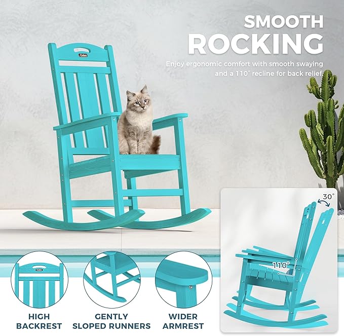 Ciokea Oversized Outdoor Rocking Chairs Set of 2, HDPE Porch Rocking Chairs for Outside, All-Weather Comfortable Patio Rockers for Front Deck Balcony, Lake Blue