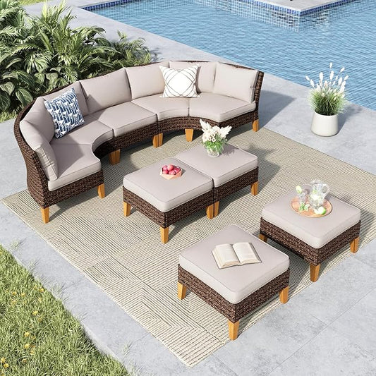 MFSTUDIO 9 Pieces Wicker Patio Furniture Set, All-Weather Rattan Outdoor Conversation Set Half-Moon Curved Patio Sectional Sofa Set for Garden, 4 x Curved Sofa, 1 x Armless Sofa, 4 x Ottomans
