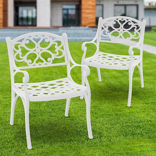 Outdoor Patio Chairs Set of 2 Metal Patio Bistro Dining Chairs with Armrests,Cast Aluminum Patio Furniture Bistro Chairs for Porch,Poolside,White