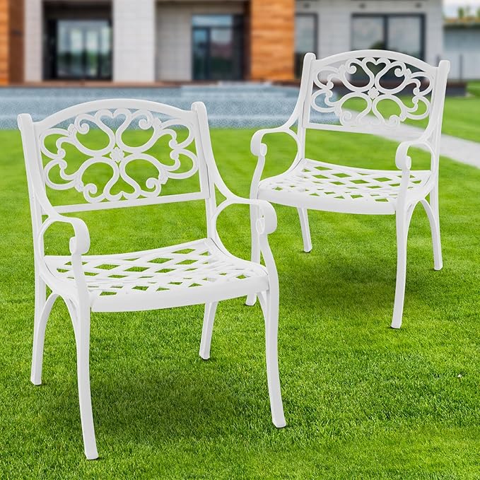 Patio Dining Chairs Set of 2, Cast Aluminum Patio Bistro Chairs, Outdoor Bistro Chairs with Armrest for Garden Backyard Deck