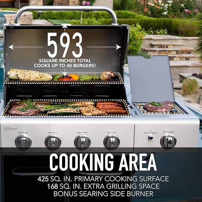 Kenmore 4-Burner BBQ Gas Grill with Searing Side Burner, Propane Grill, 52,000 BTUs, Warming Rack, Electronic Ignition & Cast Iron Cooking Grates, Black/Stainless Steel + Bonus Cover