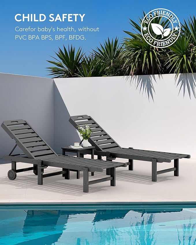 SERWALL Patio Lounge Chairs Set of 2, HDPE Outdoor Chaise Lounge with Cup Holder, 5 Positions Adjustable Pool Lounge Chair with Rolling Wheels for Poolside, Deck, Sunbathing, Grey