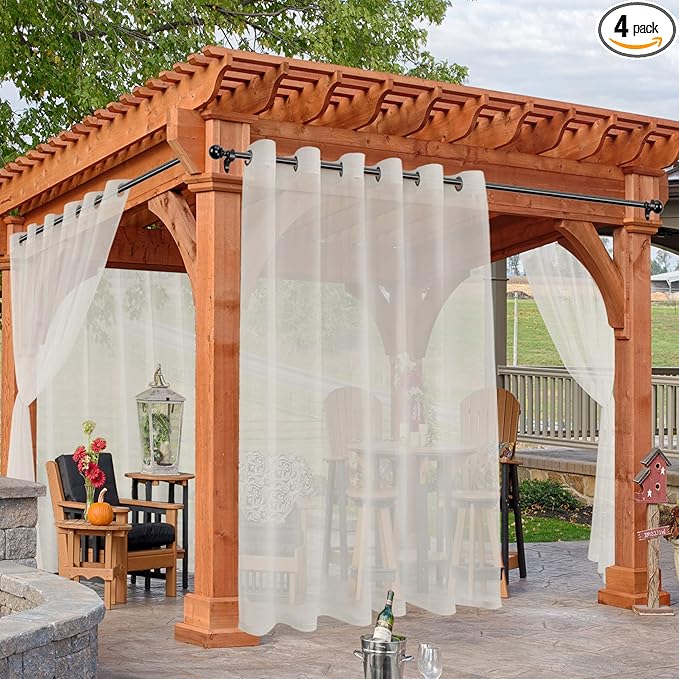 HolidayIdeas Beige Outdoor Sheer Curtains for Patio Waterproof, 4 Panels - 100 x 120 Inch - Extra Wide Voile Outside Curtains Light Filtering Grommet Drapes for Front Porch, Gazebo, Pergola, Backyard