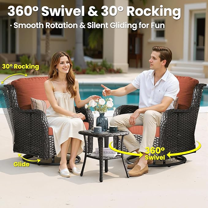 ovios 7-Pieces Patio Furniture Set with 42 Inch Fire Pit Table Swivel Chairs, Outdoor Wicker Sofa Couch Gliders Rocker, High Back Modern Conversation Set, Brown Rattan, Orange Red