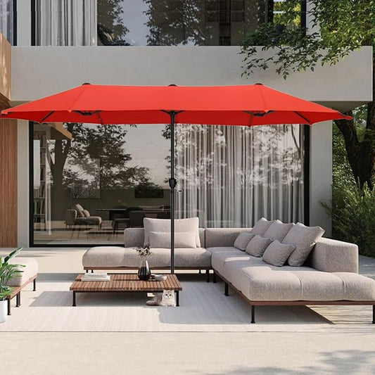 PHI VILLA 13 ft Outdoor Patio Umbrella, Large Rectangular Double-sided Market Table Twin Umbrellas with Crank Handle for Deck Pool, Orange Red