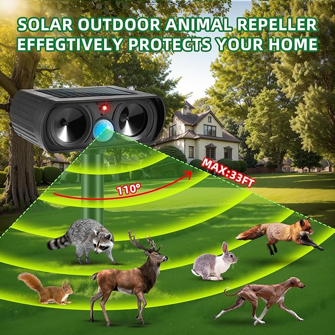 2025 Deer Repellent Device Ultrasonic Animal Repellent Outdoor Solar Animal Repeller with Motion Detection Waterproof Cat Deterrent Outdoor to Scare Rabbit Squirrel Skunk Fox Raccoon(2PACK)