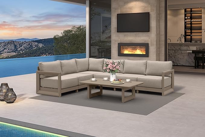 PURPLE LEAF Patio Furniture Set L-Shaped Outdoor Couch with 9.6" Thick Cushion and Soft Pillows 7 Piece Outdoor Sectional Sofas with Table Modern Patio Conversation Sets for Yard Porch Deck, Khaki