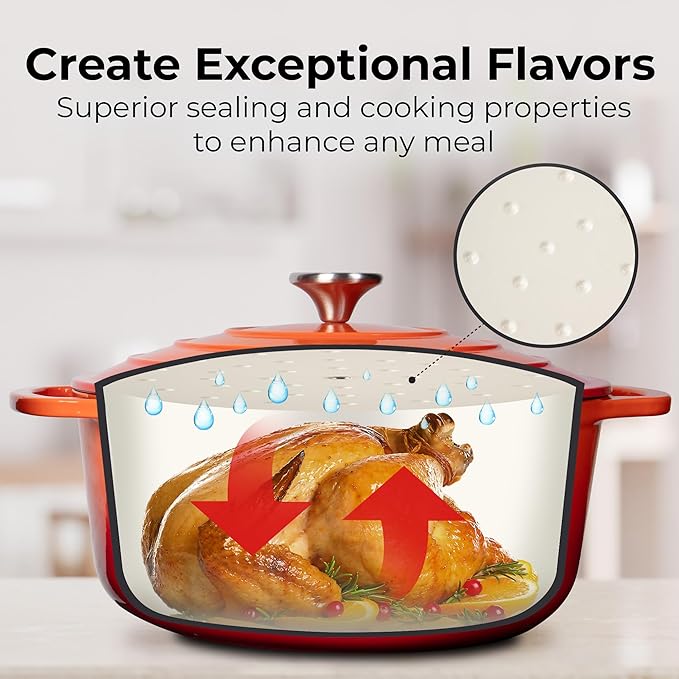 Zulay Kitchen 6 Quart Enameled Cast Iron Dutch Oven Pot with Lid – Premium Durability & Oven Safe up to 500°F – Heavy Duty Cookware Perfect for Bread Baking, Stews, Braising & Roasting – Orange